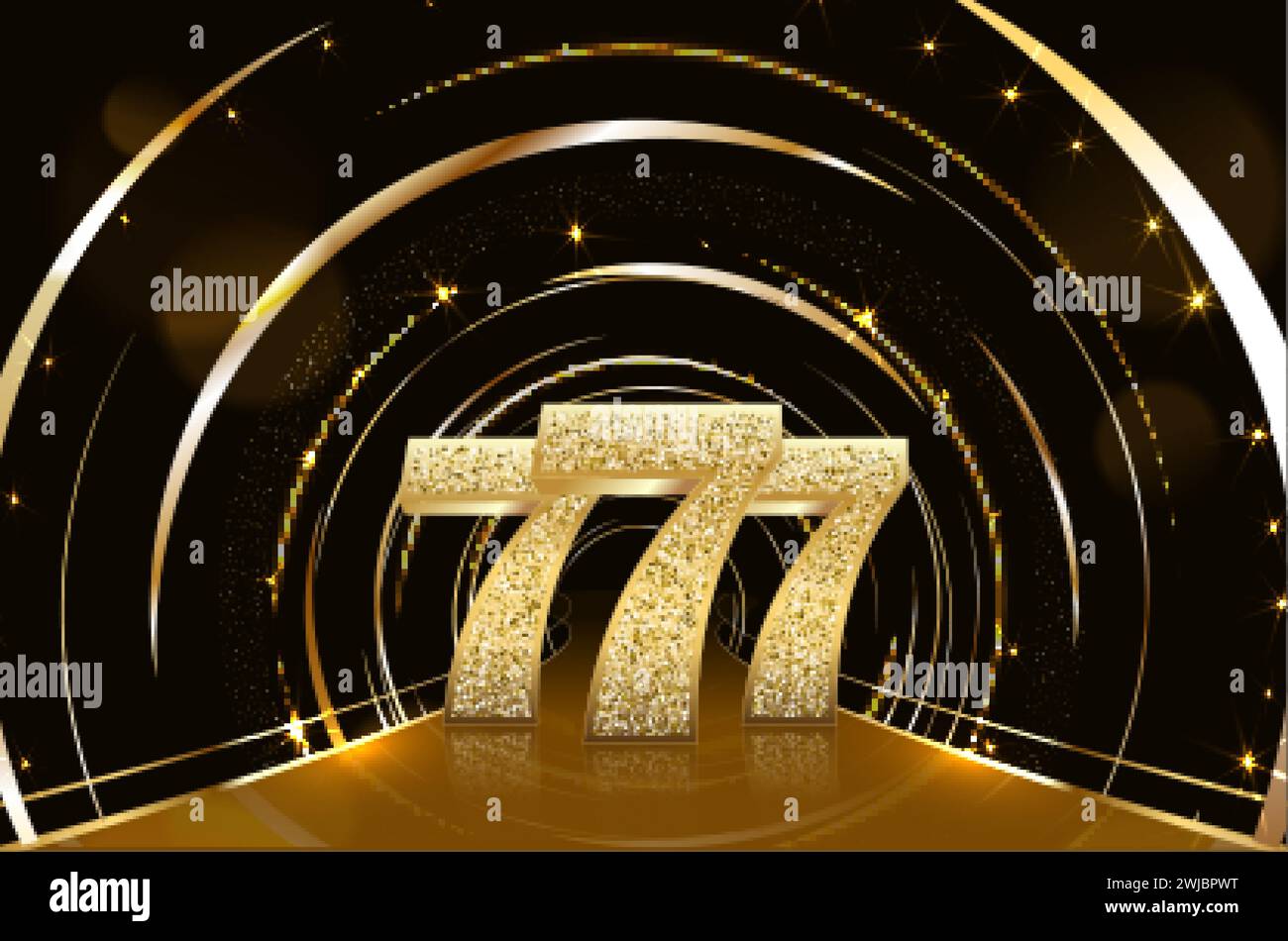 Three golden glittering sevens on black background. Luxury casino banner Big win slots 777 . Vector illustration Stock Vector