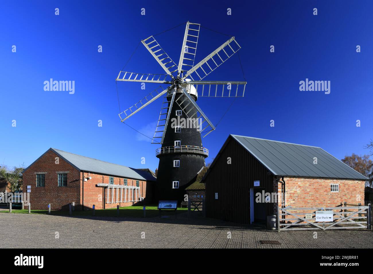 View of the Heckington Windmill, Heckington village, Lincolnshire; England; UK Heckington Windmill is the only eight-sailed tower windmill still stand Stock Photo