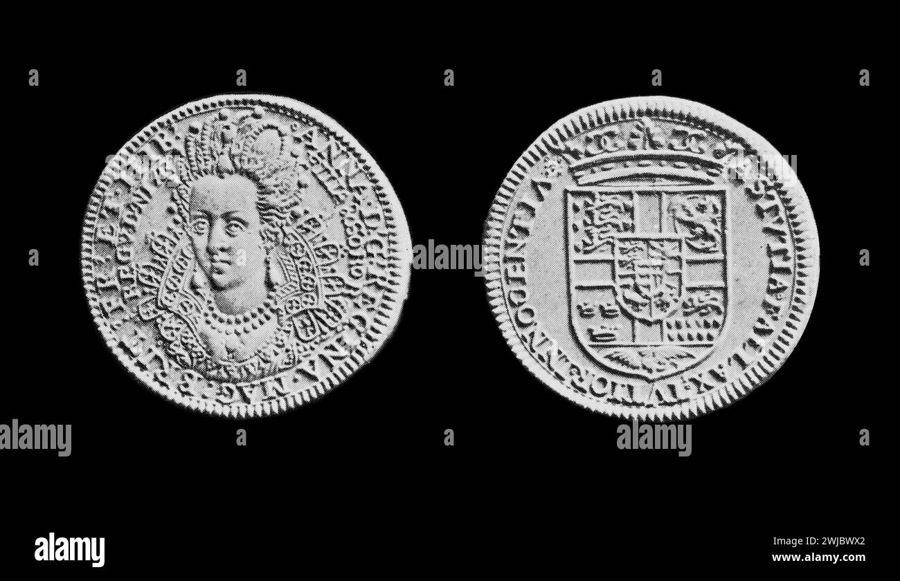 Coronation Medal of Queen Anne, Consort to King James I of England. Struck after 1604.  Black and White Illustration from the Connoisseur, an Illustrated Magazine for Collectors Voll 3 (May-Aug 1902) published in London. Stock Photo