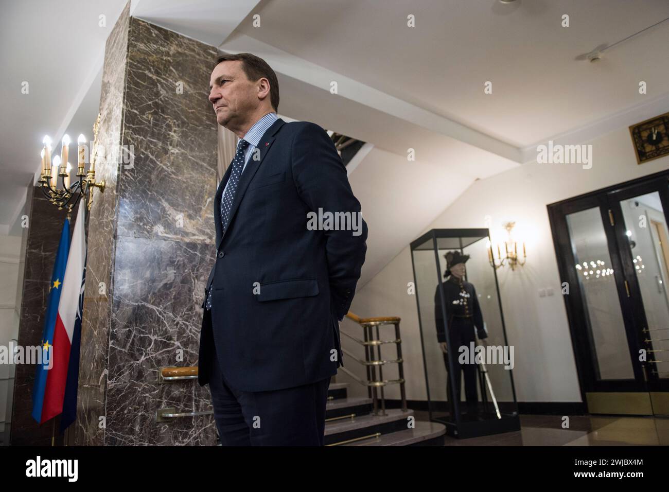 Warsaw, Poland. 14th Feb, 2024. Poland's Foreign Minister, Radek Sikorski waits for the arrival of his Estonian counterpart Margus Tsahkna. The Estonian Minister of Foreign Affairs - Margus Tsahkna visited Poland and met with Radoslaw Sikorski - Foreign Affairs Minister. The foreign ministers discussed trade matters between the two countries and safety issues of the Baltic countries related to Russia's invasion in Ukraine. Credit: SOPA Images Limited/Alamy Live News Stock Photo