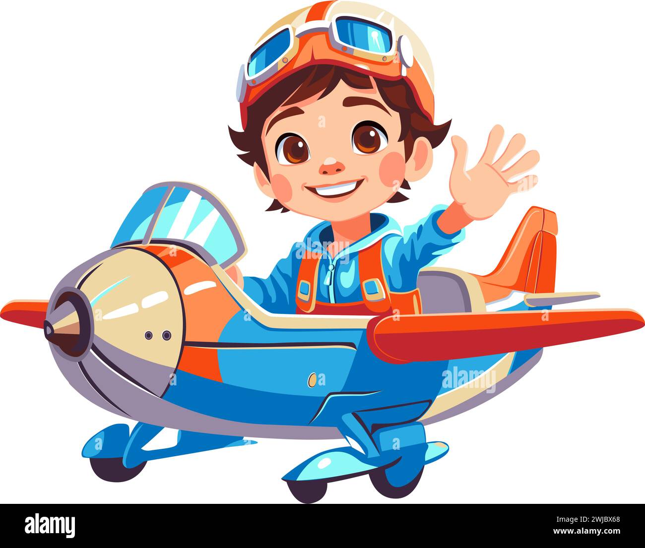 Cartoon kid pilot flying on toy airplane in sky, aviator goggles and happy smiling, isolated vector Stock Vector