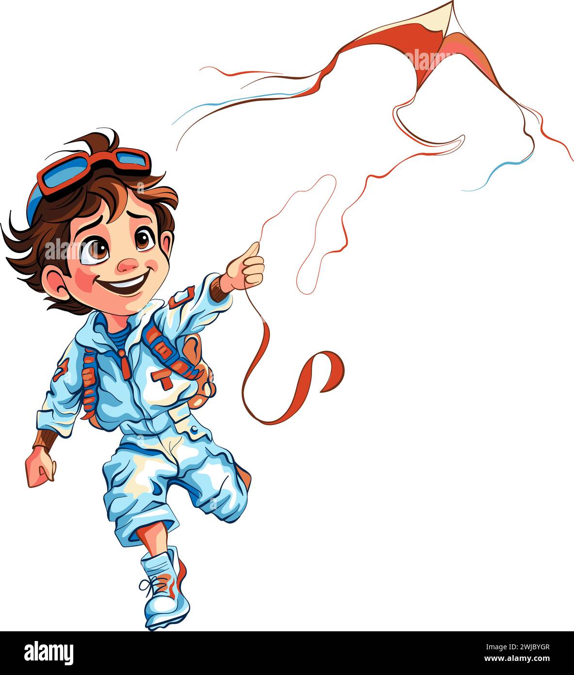 Cartoon boy in pilot suit runs flying kite, with aviator goggles and happy smiling, isolated vector Stock Vector