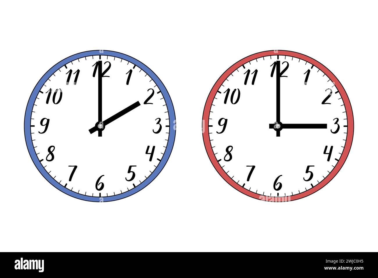 Illustration of two wall clocks on white. The blue one symbolizes