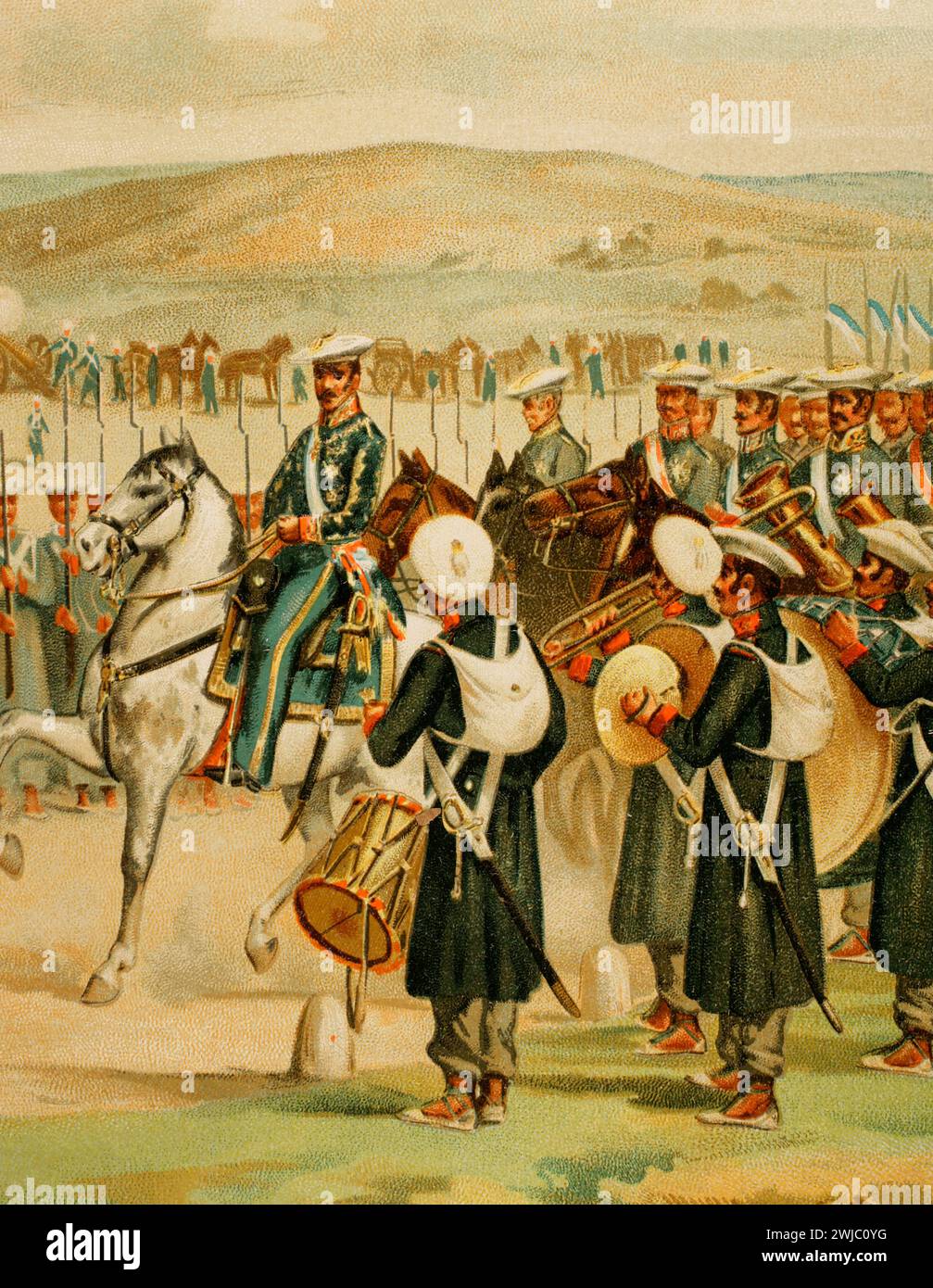 History of Spain. Carlos María Isidro de Borbón (1788-1855), known as Don Carlos. Infante of Spain, the first Carlist pretender to the Spanish throne as Carlos V. First Carlist War (1833-1840). Don Carlos reviewing his troops in Amurrio (Alava). The review took place on 1 December 1837, forming a division composed of thirteen battalions of five hundred soldiers each, along the camino real (royal road) to Bilbao. Don Carlos was accompanied by the Infante Don Sebastián. Illustration by J. Alaminos. Chromolithography. Detail. 'Historia de la Guerra Civil y de los Partidos Liberal y Carlista' (His Stock Photo