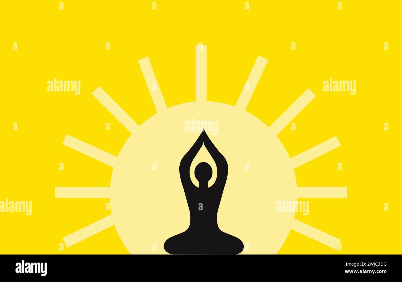 Yoga peaceful posture sign and sun symbol background Stock Vector