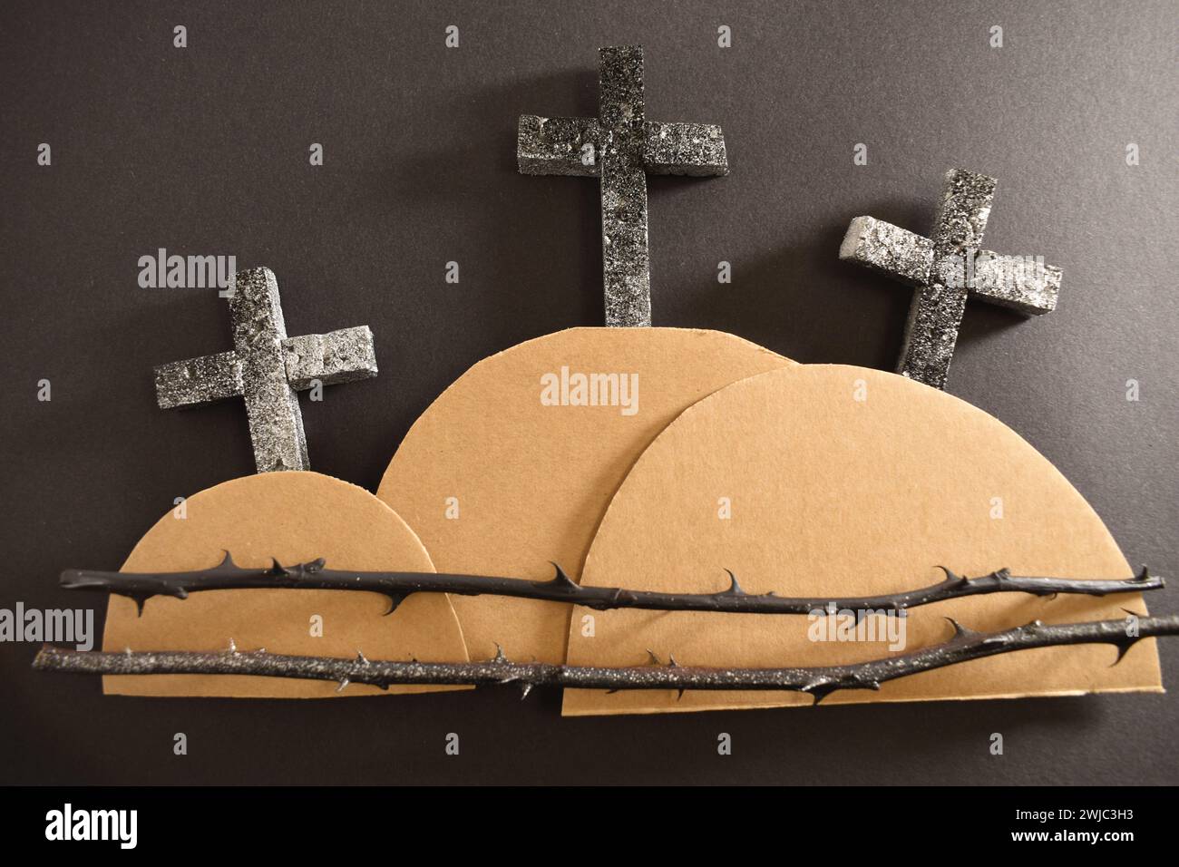 Three crosses on dark background. Good friday concept. Calvary hill ...