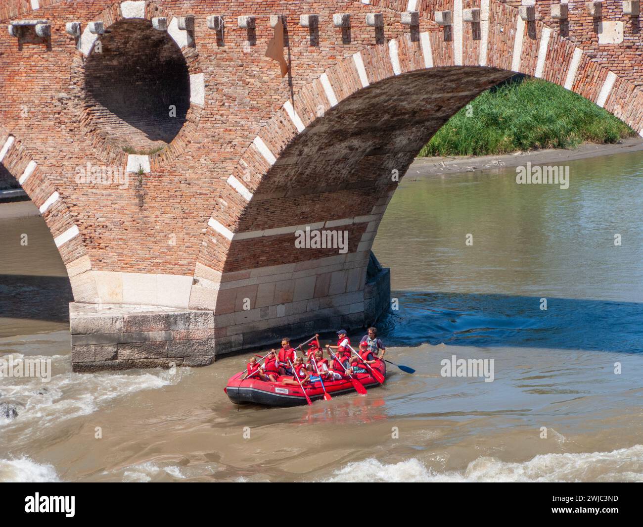 Verona, Italy - August 5, 2009: people rafting at rriver Etsch in Verona, Italy. Stock Photo