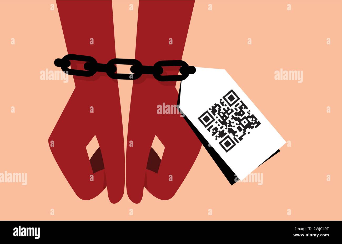 Human trafficking and hand chained with android barcode tag illustration Stock Vector