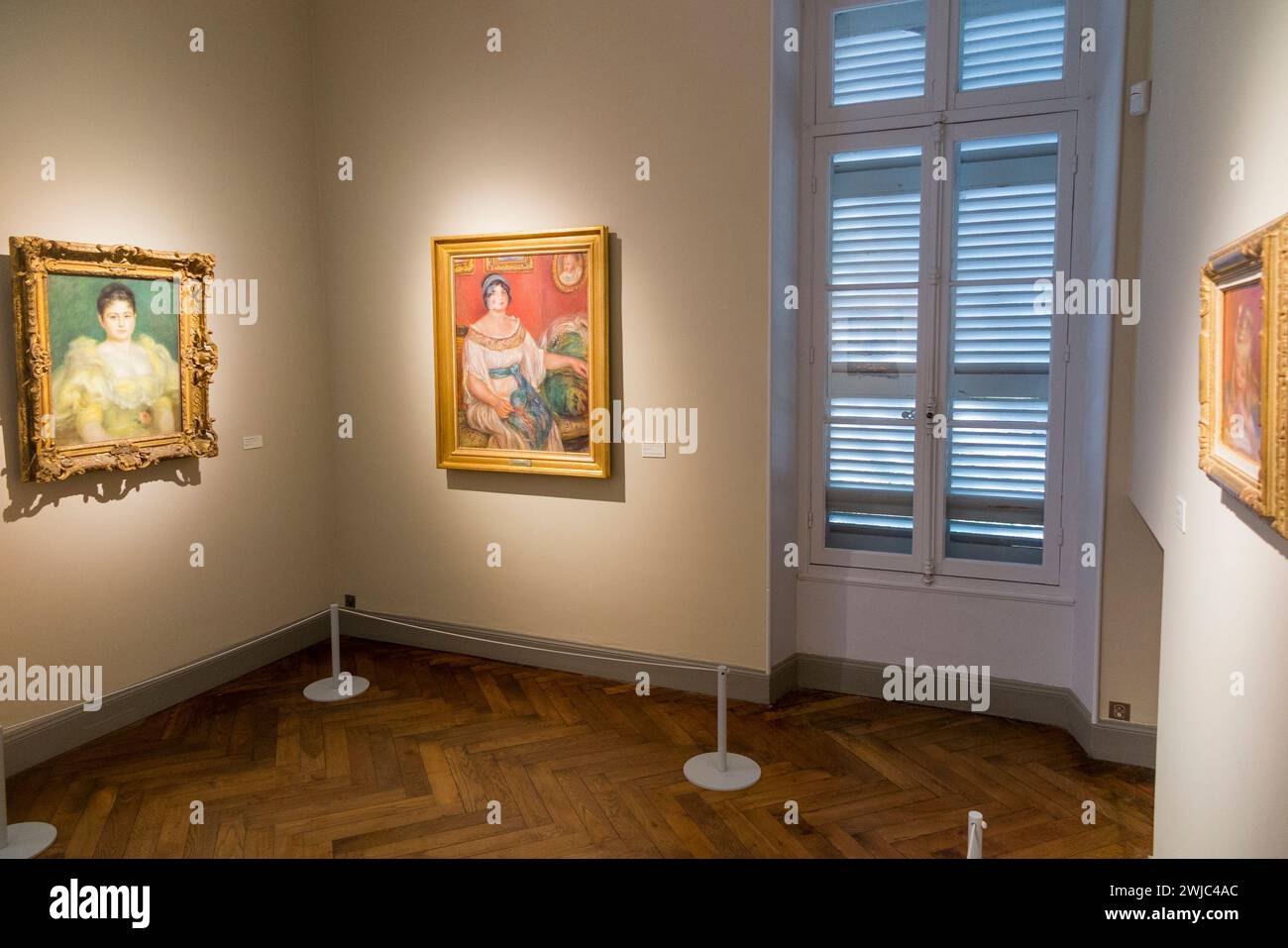 L: Portrait de Madame Pichon. Centre: Portrait de Madame Colonna Romano, both by Pierre Auguste Renoir on display at his former home at Cagnes-Sur-Mer. France. Picture far right is Coco Reading, seen from the side. (135) Stock Photo