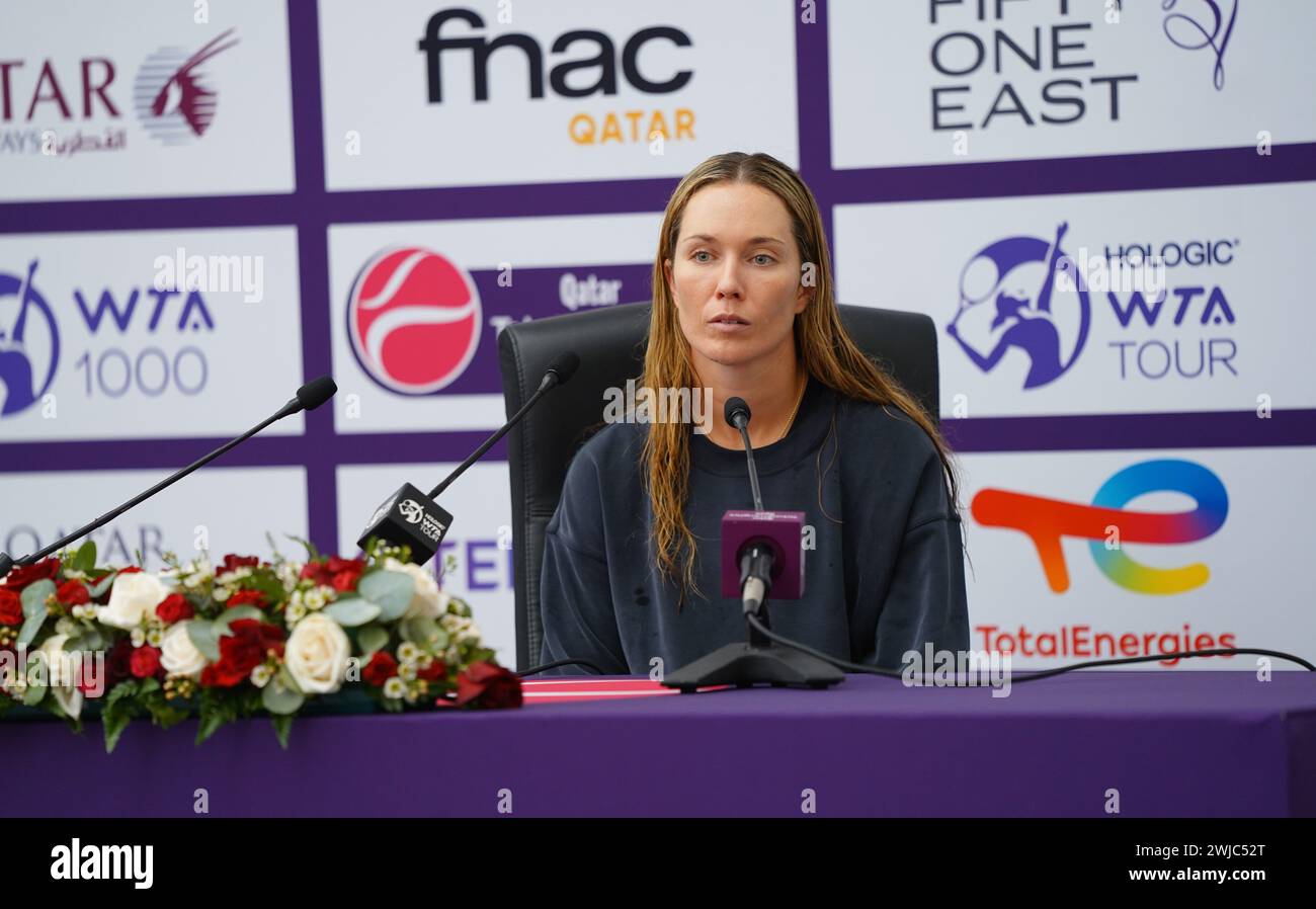 American qualifier Danielle Collins speaking after her match of the Qatar TotalEnergies Open 2024 at the Khalifa International Tennis and Squash Complex in Doha on Wednesday February 14, 2024. Collins beat Katerina Siniakova 6-4, 6-3 to reach the quarter-finals of the Qatar TotalEnergies Open 2024. Collins, ranked No 63, will play Russian Anastasia Pavlyuchenkova next. Stock Photo