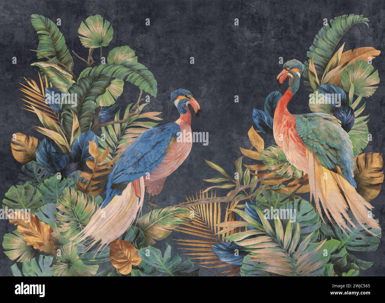 Amazon forest with colorful birds. Modern wallpaper, wallpaper for