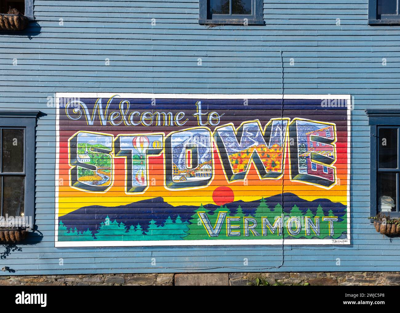 Welcome to Stowe sign, Stowe, Vermont Stock Photo