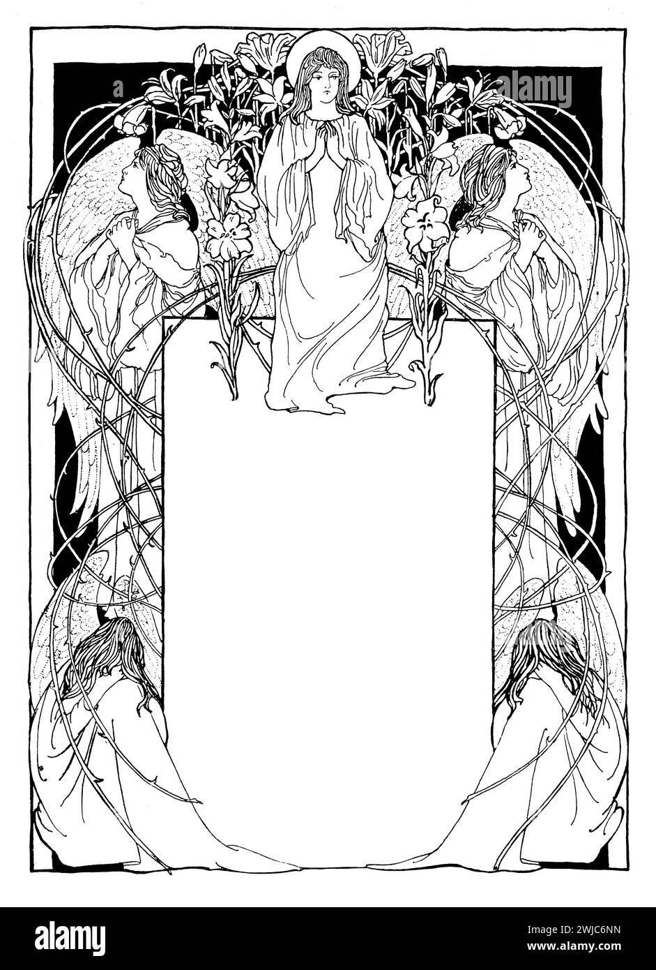 1901 decorative Art Nouveau blank panel, line illustration of women and flowers by Claire Murrell Stock Photo