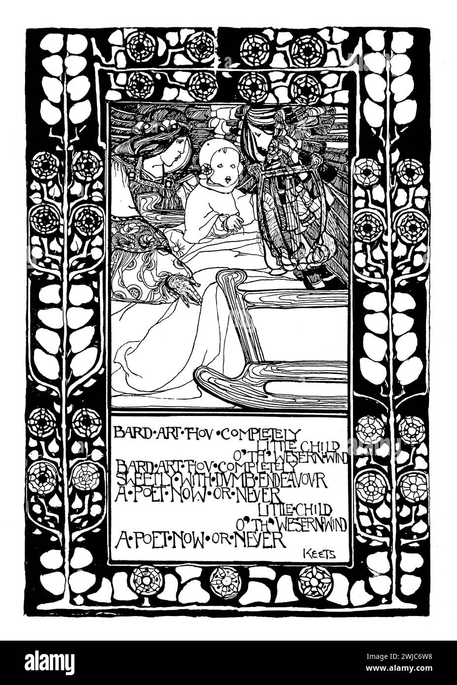 1901 Tis the witching time of night poem, by John Keats line illustration by Chance Stock Photo