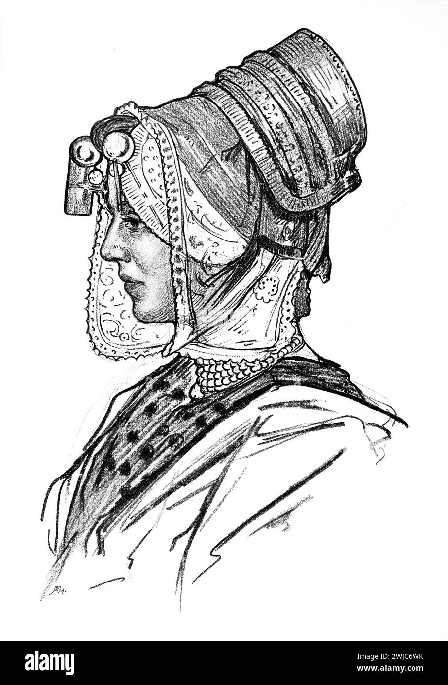 1901 Pencil illustration of Dutch woman from Zeeland in traditional wedding costume by Anglo-Dutch artist Nico Jungmann Stock Photo