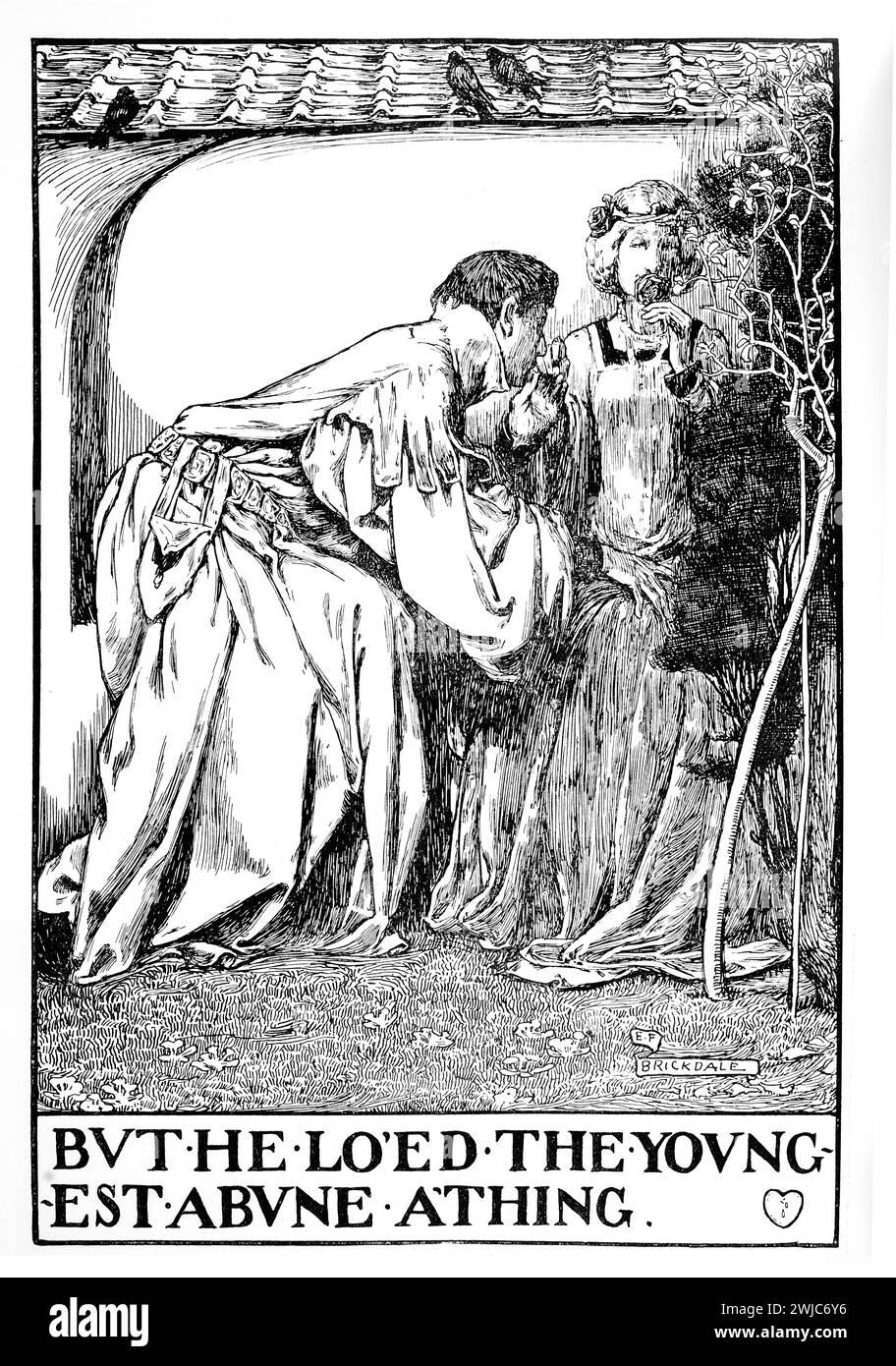 1901 line illustration of traditional murder ballad, The Twa Sisters by artist Eleanor Fortescue Brickdale, ‘But he loved the youngest above anything’ Stock Photo