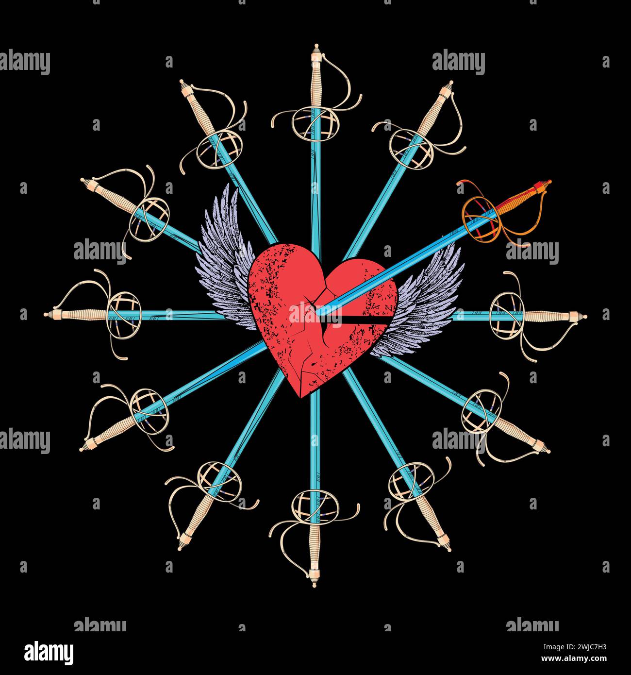 Winged heart t-shirt design with a stuck sword and multiple swords forming a circle on a black background. Stock Vector