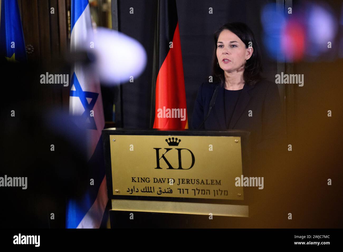 Jerusalem, Israel. 14th Feb, 2024. Annalena Baerbock (Alliance 90/The Greens), Foreign Minister, speaks to media representatives at the King David Hotel about the situation in Israel. Federal Foreign Minister Baerbock is on her fifth visit to Israel since the start of the Gaza war following the terrorist attack by Islamist Hamas at the beginning of October 2023. Credit: Bernd von Jutrczenka/dpa/Alamy Live News Stock Photo