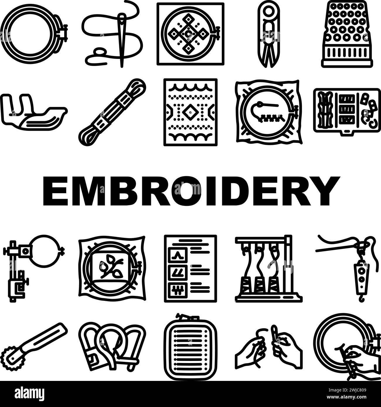 embroidery thread fabric needle icons set vector Stock Vector