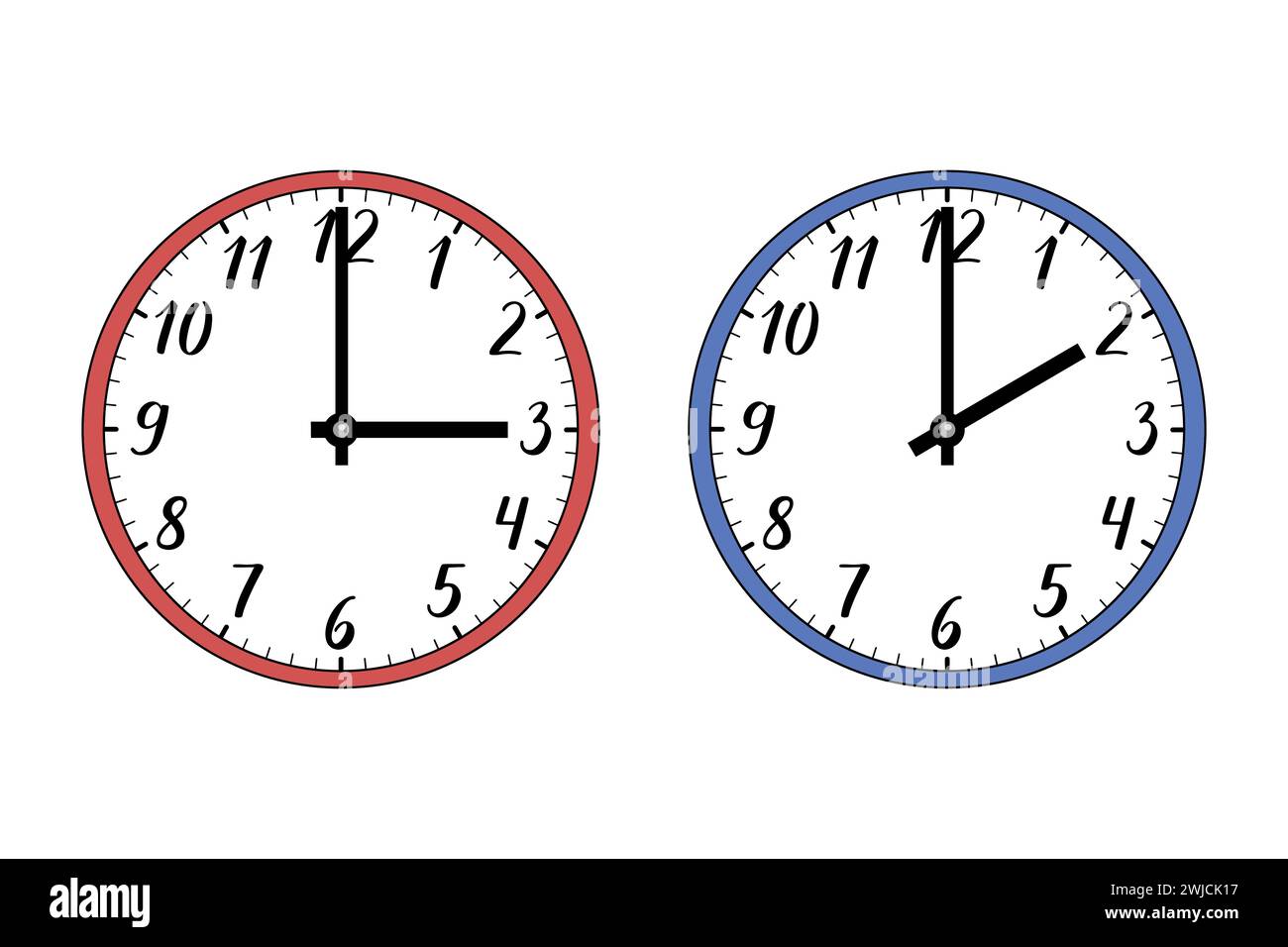 Illustration of two wall clocks on white. The red one symbolizes summer