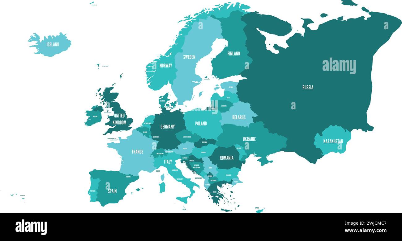 Political map of Europe continent in four shades of turquoise blue with ...