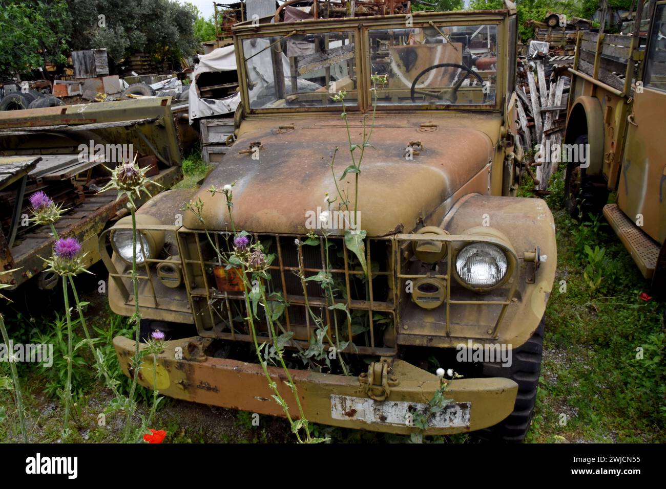 Abandoned military jeeps and other army vehicles in a breakers yard in ...