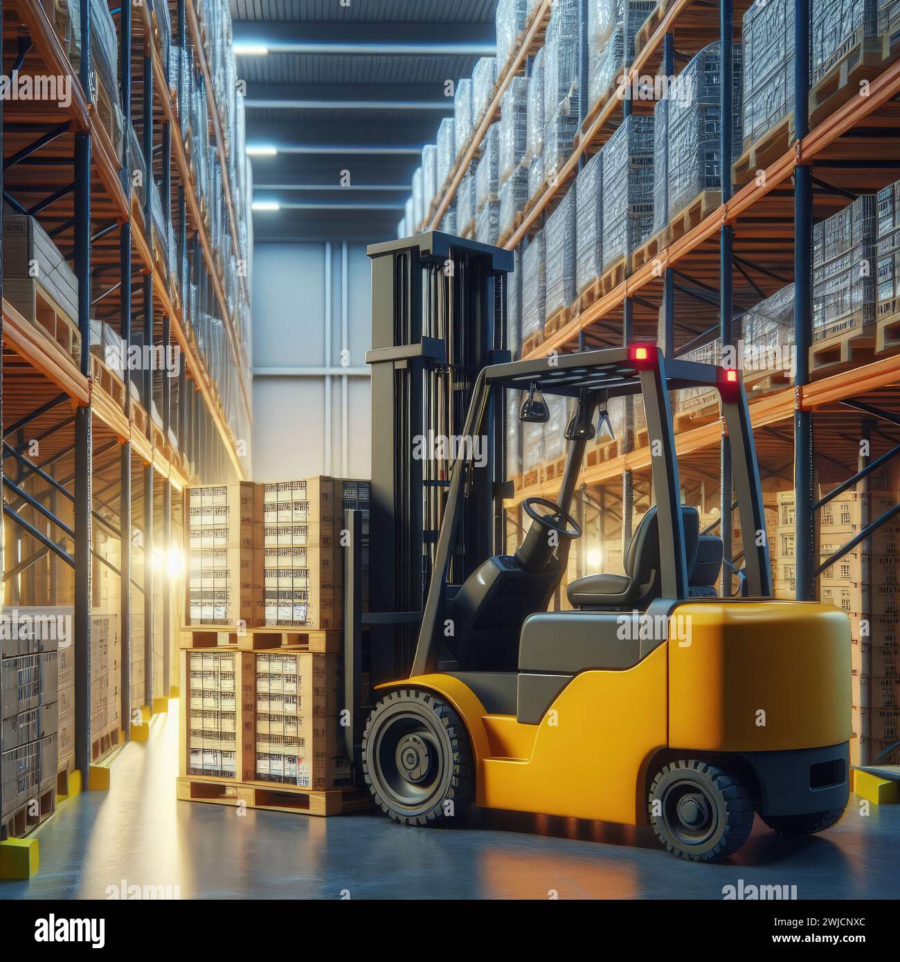 A forklift stands in a warehouse between tiered racks of products Stock ...