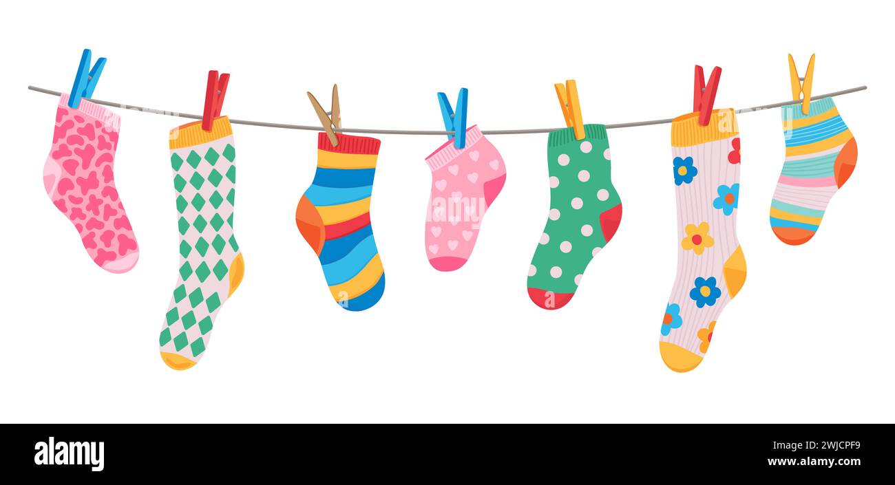 https://c8.alamy.com/comp/2WJCPF9/cotton-and-wool-socks-hanging-on-clothesline-rope-with-clothespins-cartoon-vector-socks-hang-on-laundry-line-with-pins-for-kids-print-design-colorful-socks-with-ornament-pattern-on-clothesline-2WJCPF9.jpg