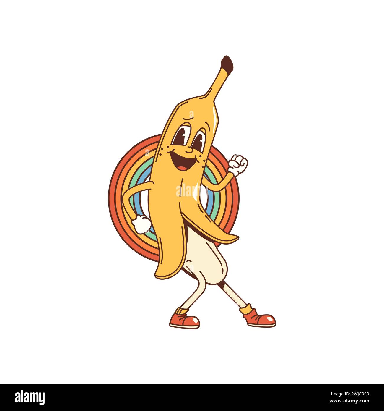Cartoon groovy banana character. Isolated vector vibrant, mellow psychedelic fruit personage and a perpetual smile, radiates positive vibes, and dancing to funky beats, spreading joy and laughter Stock Vector