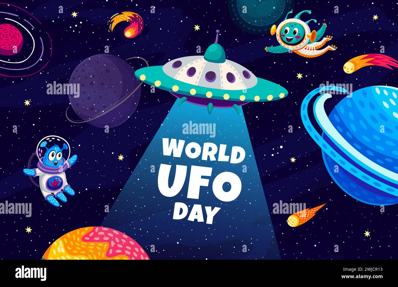 World UFO day banner with funny cute aliens and UFO saucer. Universe ...