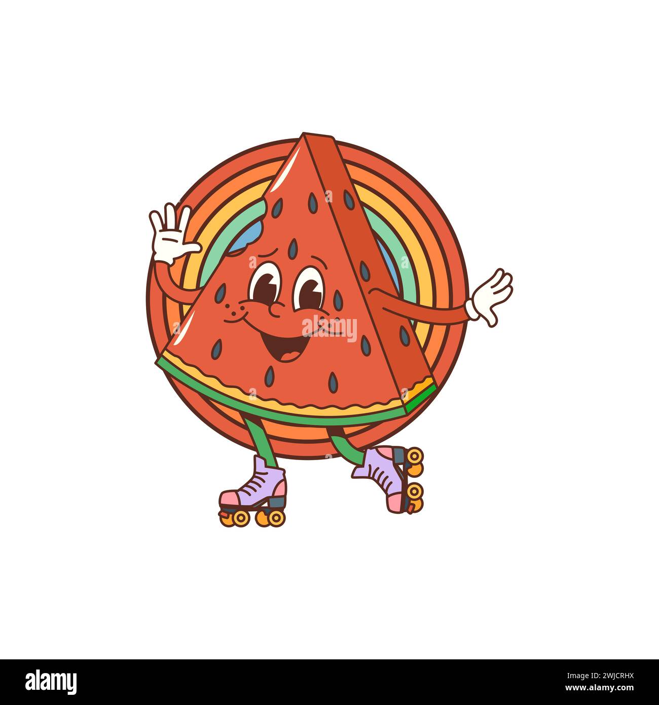 Cartoon groovy watermelon character. Isolated vector fruit slice with laid-back attitude, sporting vibrant colors and a perpetual smile, dance and spread joy and chill vibes in funny psychedelic world Stock Vector