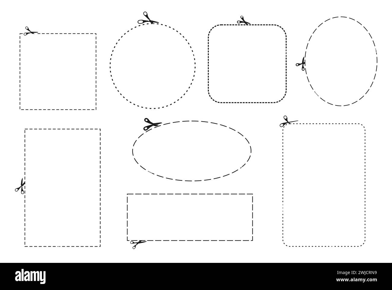 Cut here line dash, coupon discount outline frames with scissors, vector circles and squares icons. Cut here line symbols for coupon cutout, dotted frames and cutter dash shapes with curved edges Stock Vector
