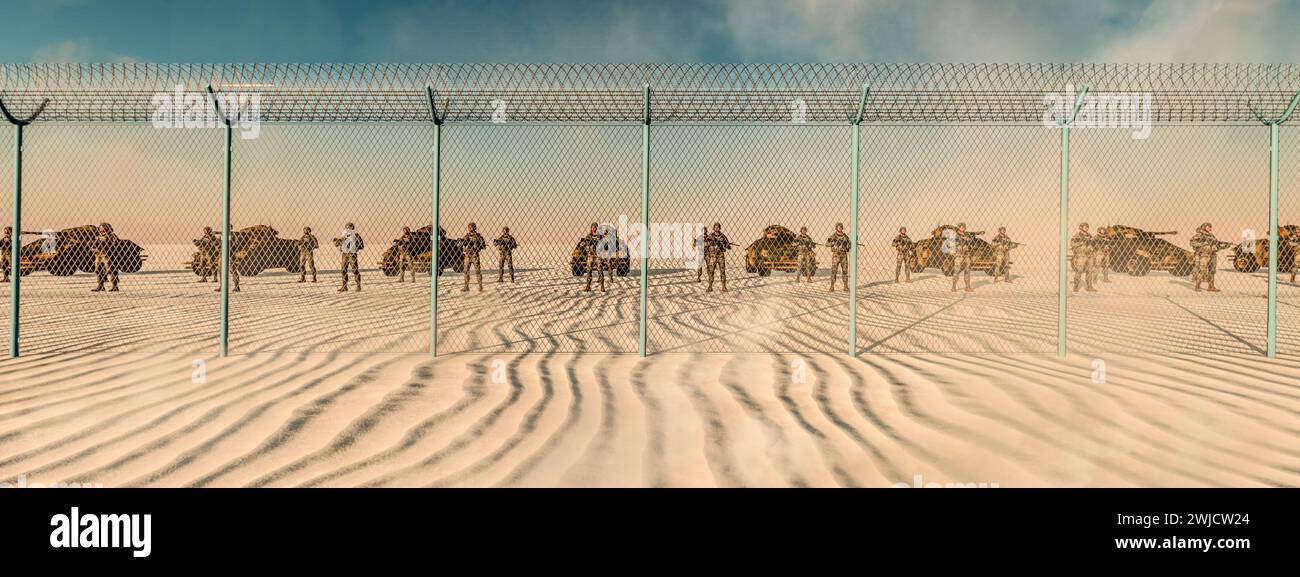Desert Sentinels: Military Formation Poised Against a Ripple of Sand Dunes Stock Photo