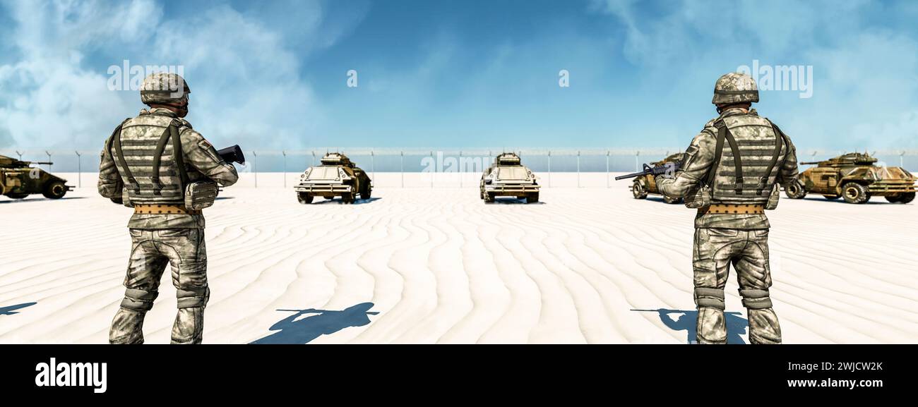 Vigilant Sentinels: Soldiers Overseeing Armored Vehicles in a Desert Expanse Stock Photo