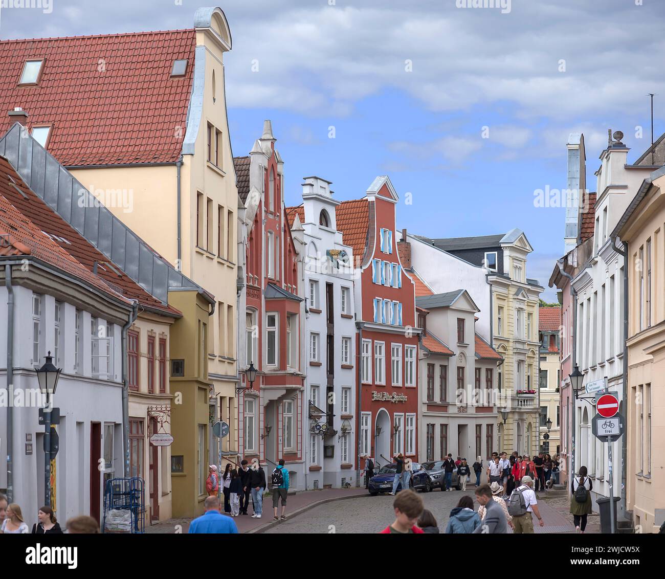 Historic houses in a shopping street, Bohrstr., Mecklenburg-Vorpommern, Germany Stock Photo