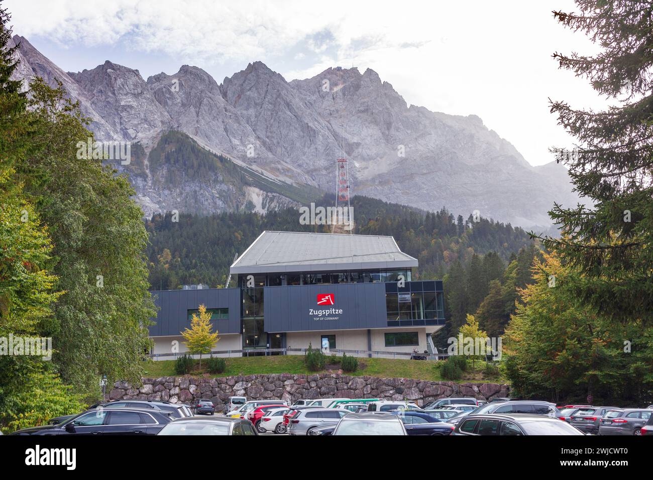 New cable car station to the Zugspitze with Zugspitze massif from the