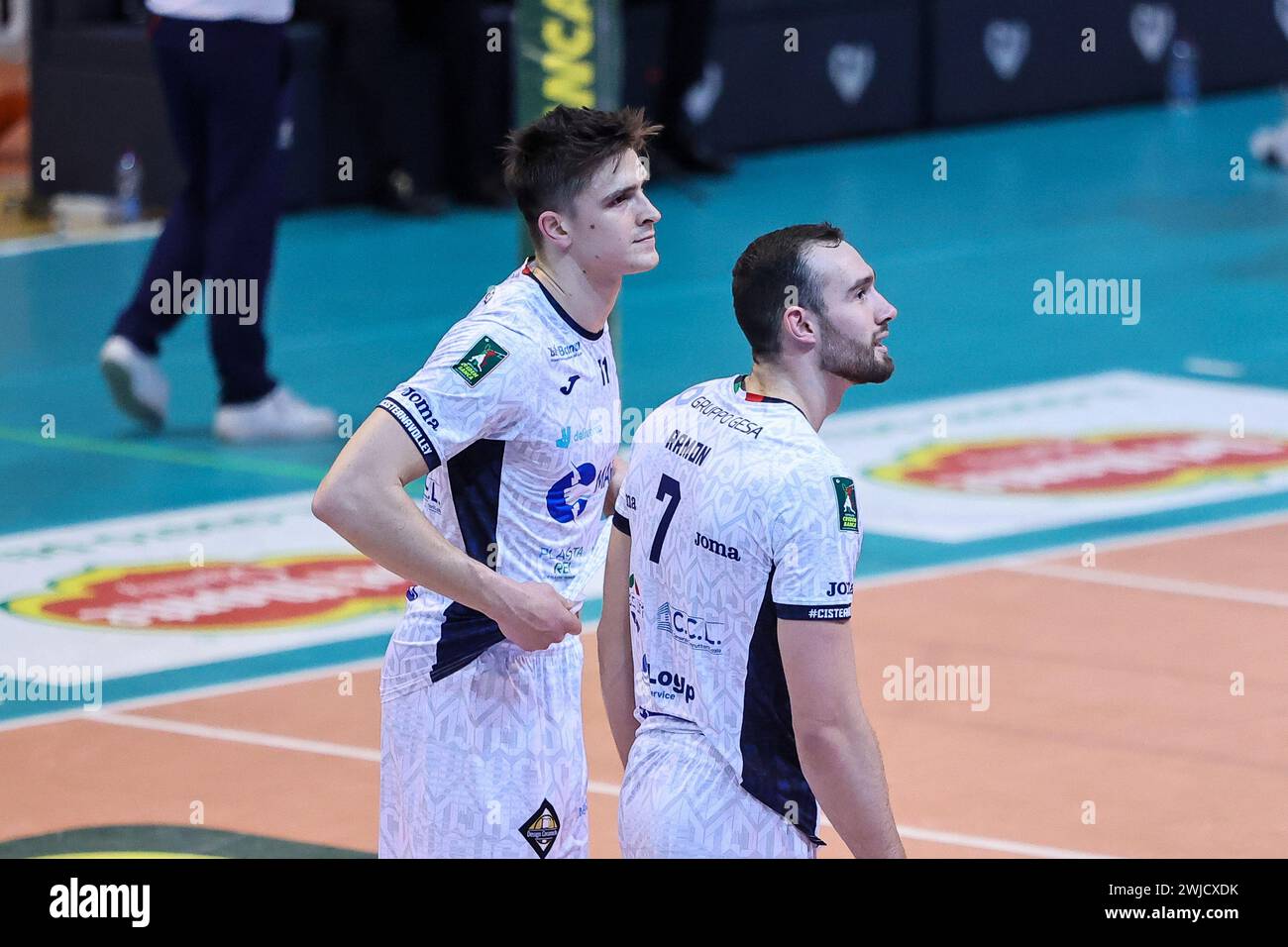 Latina, Italy. 14th Feb, 2024. Theo Faure (Cisterna Volley) and Jordi