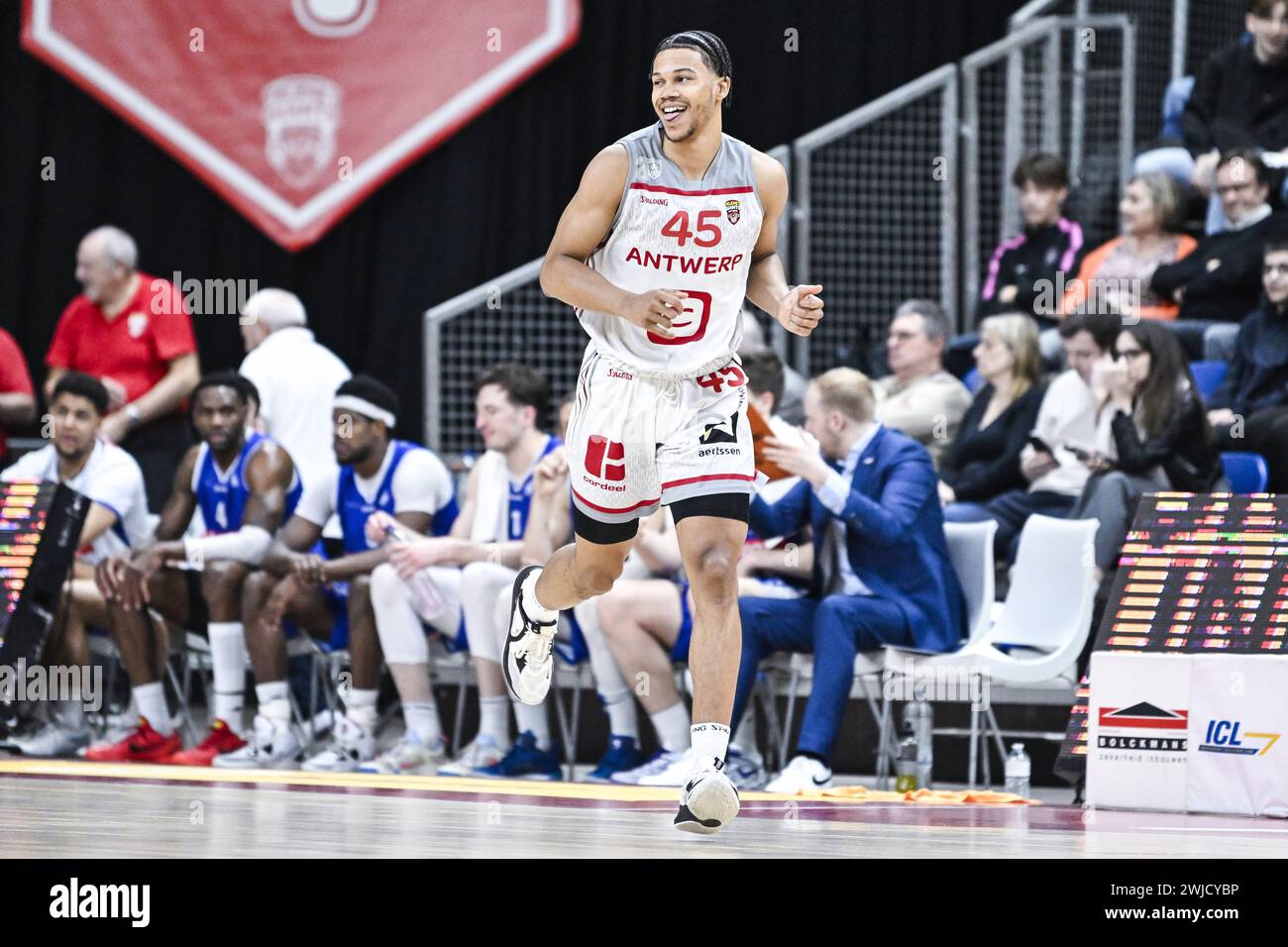 Antwerp, Belgium. 14th Feb, 2024. Antwerp's Rasir Bolton celebrates