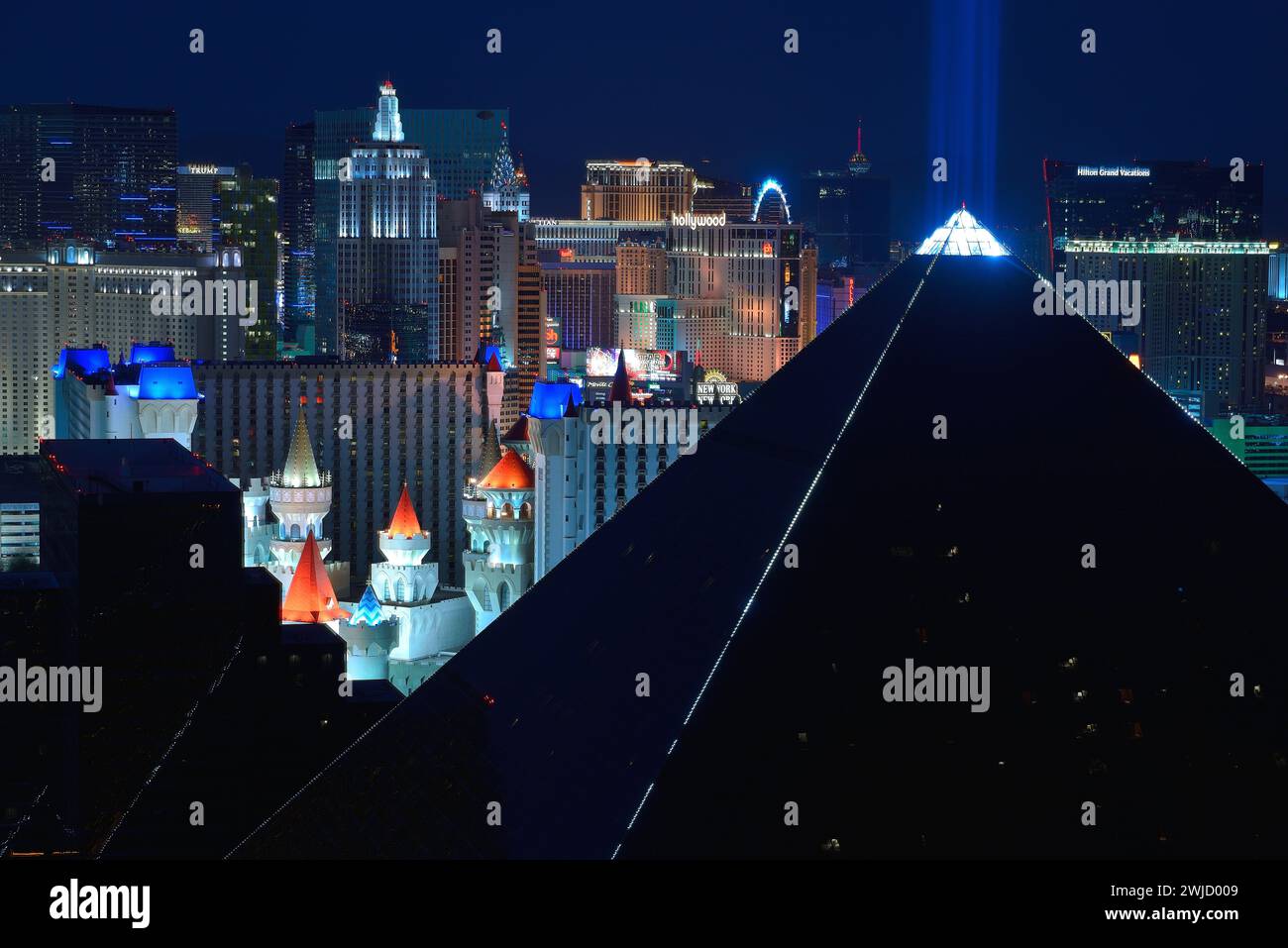 The Luxor hotel and the South Strip skyline during twilight, Las Vegas NV (seen from the Delano hotel) Stock Photo