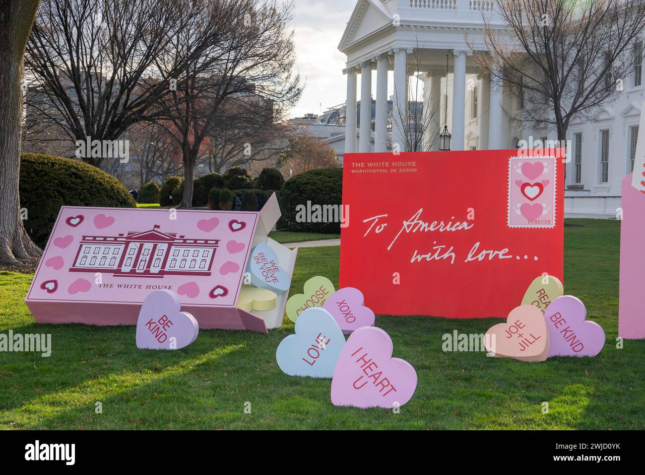 Washington, United States. 14th Feb, 2024. The North Lawn and the East Landing decorated by First Lady Jill Biden for Valentine's Day, February 14, 2024 in Washington, DC Credit: Adam Schultz/White House Photo/Alamy Live News Stock Photo
