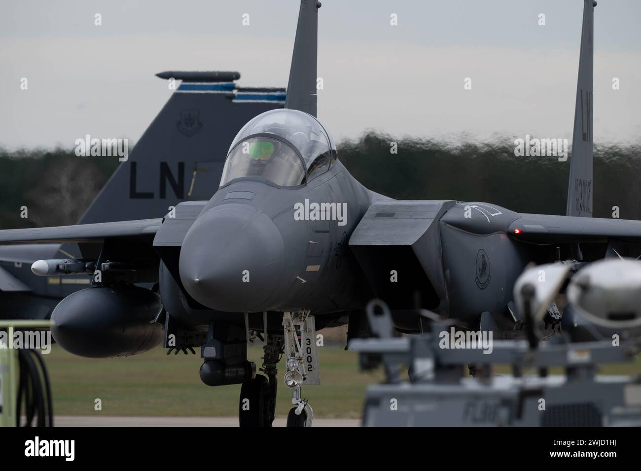 Suffolk, United Kingdom. 13th Feb, 2024. A U.S. Air Force F-15E Strike Eagle fighter aircraft assigned to the 492nd Fighter Squadron, taxis for take off during routine patrols at RAF Lakenheath, February 13, 2024 in Suffolk, England, UK. Credit: A1C Alexander Vasquez/U.S Air Force/Alamy Live News Stock Photo