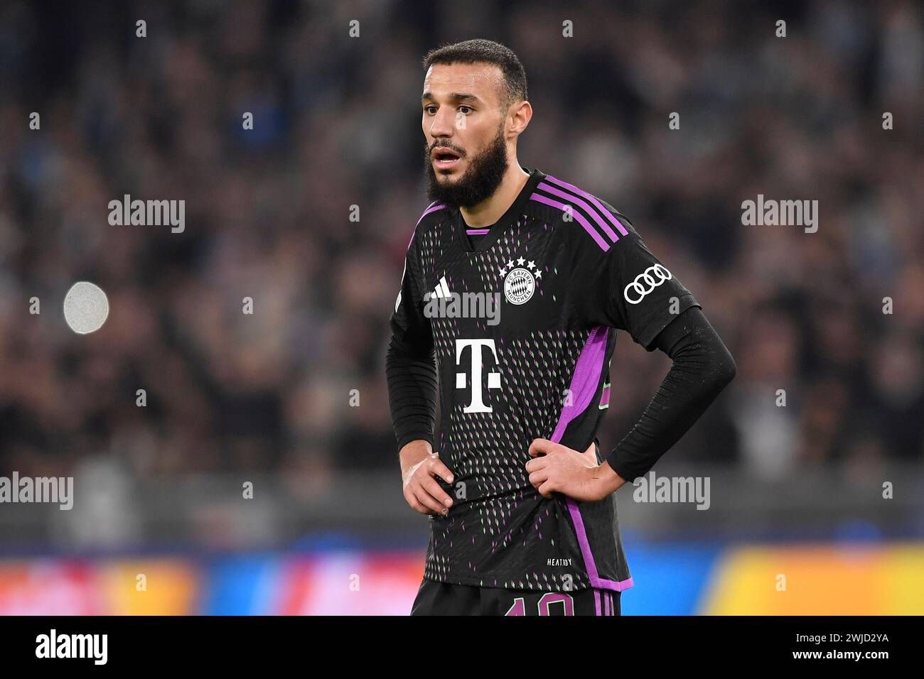 Rome, Italy. 14th Feb, 2024. Dejection of Noussair Mazraoui of Bayern Munechen during the Champions League football match between SS Lazio and FC Bayern Munchen at Olimpico stadium in Rome (Italy), February 14th, 2024. Credit: Insidefoto di andrea staccioli/Alamy Live News Stock Photo