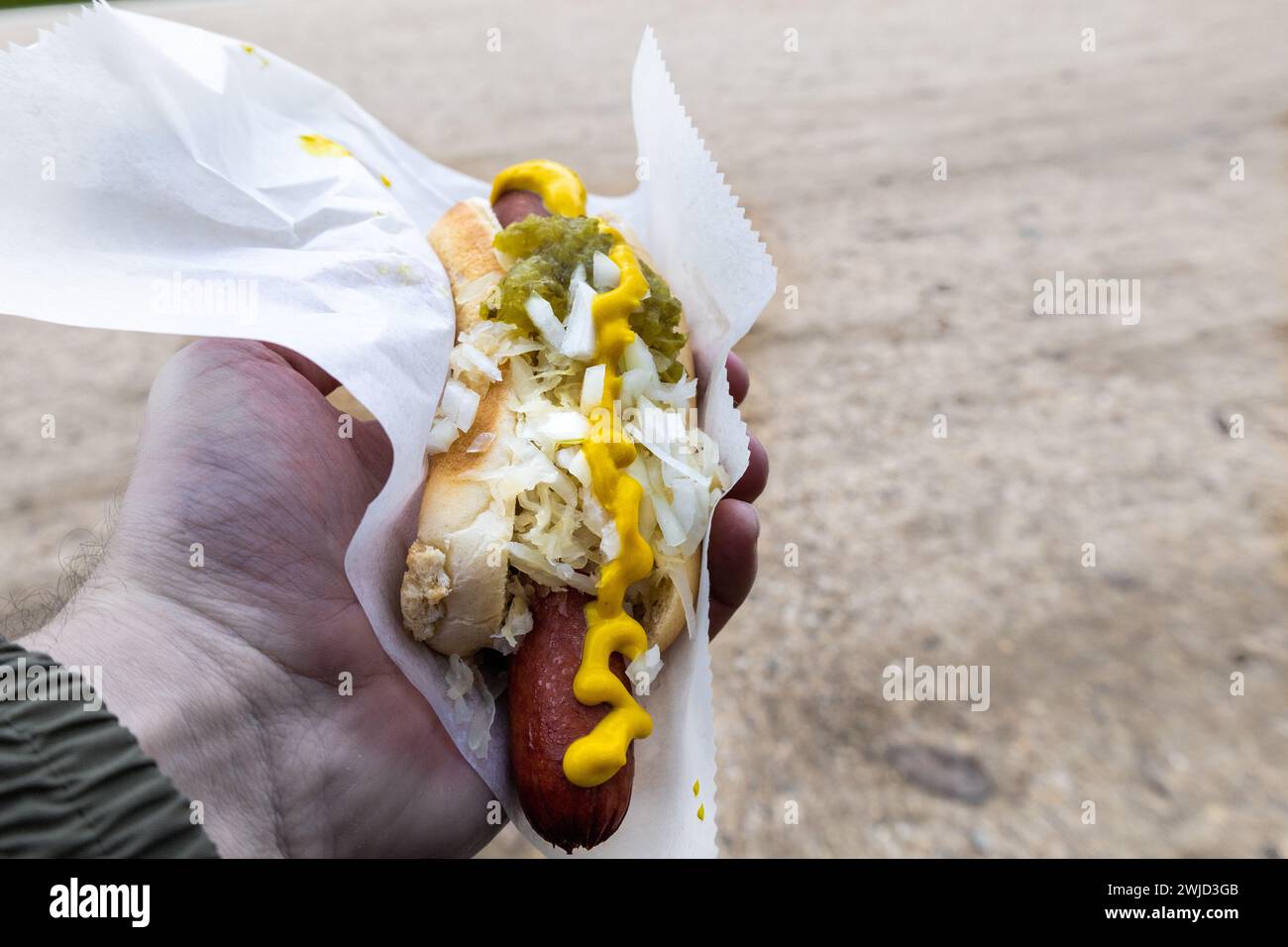 Hand holding a genuine American hot dog in a bun with onions, cucumber and french mustard. Stock Photo