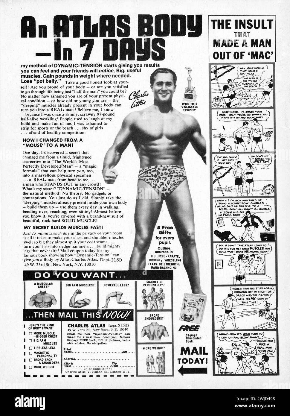 An ad from a late 1970s sports magazine suggesting that you can get an Atlas body in just 7 days if you start with this company's free book. Stock Photo