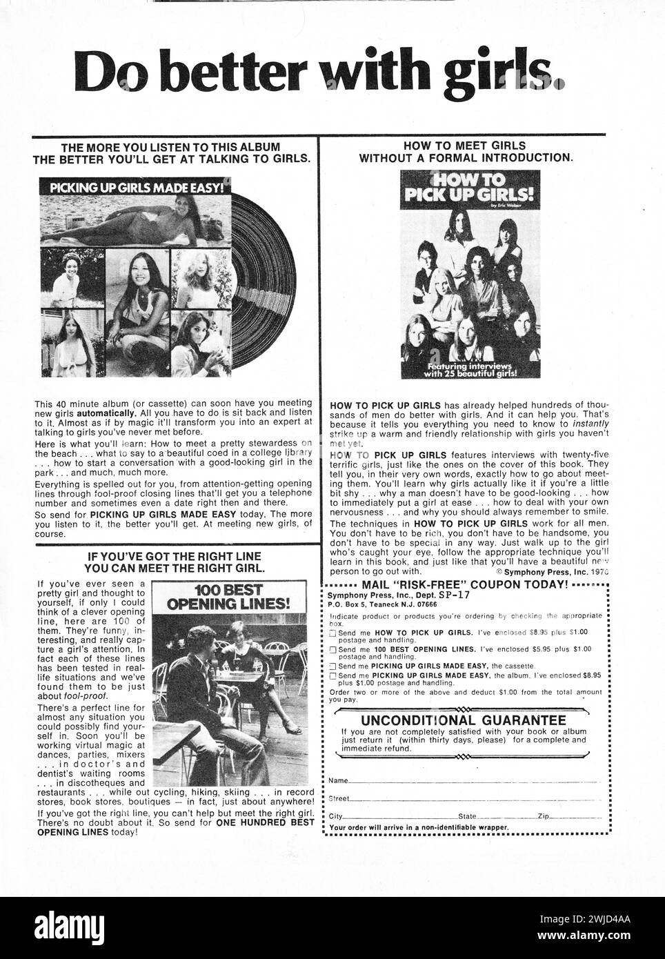 An advertisement in a late 1970s sports magazine selling books and recordings with instructions on how to do better with girls. Comes with an unconditional guarantee. Stock Photo