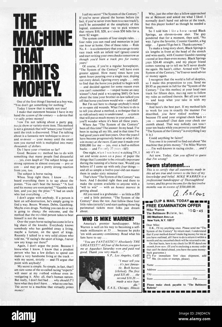 The Machine That Prints Money.  The System of the Century. An advertisement for a book about betting on the horses that will make anyone rich very quickly. Written by Mike Warren and with a money back guarantee. What could possibly go wrong??? From a late 1970s sports magazine. Stock Photo