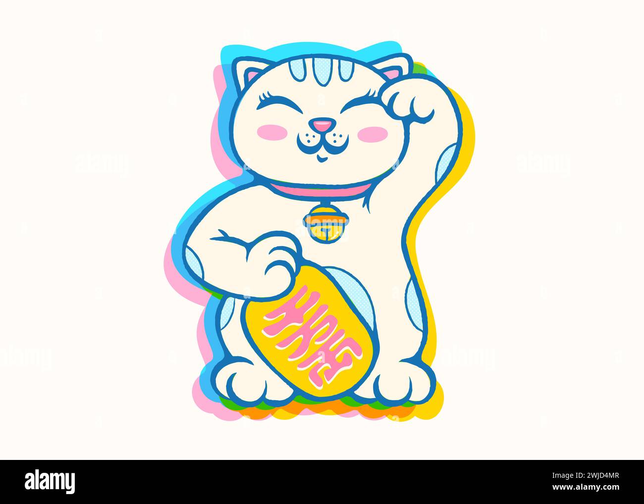 Vector retro poster with lucky cat in glitch style. Neko Maneki. Vector kawaii lucky cat. Stock Vector