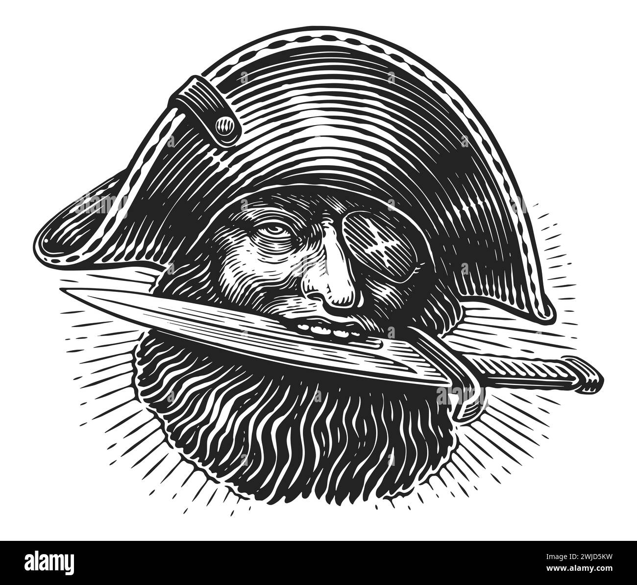 Pirate with blade knife, portrait engraving style. Hand drawn sketch vintage vector illustration Stock Vector
