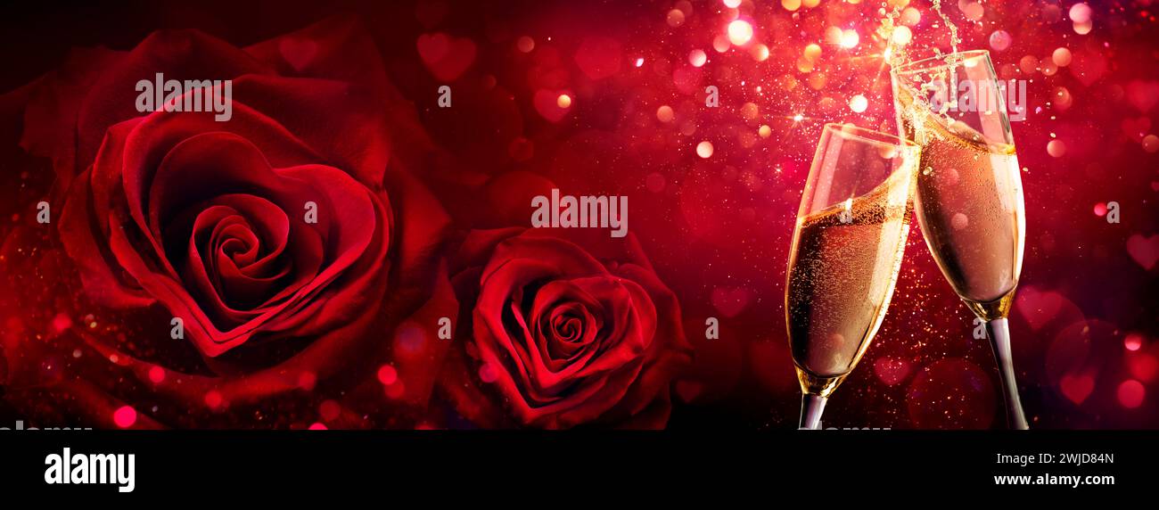 Valentines Day - Toast With Champagne and Roses With Bokeh Lights - Real Shots Composing Stock Photo