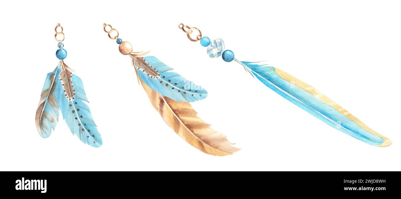 Set of compositions from pale brown, beige and blue feathers, beads and ...